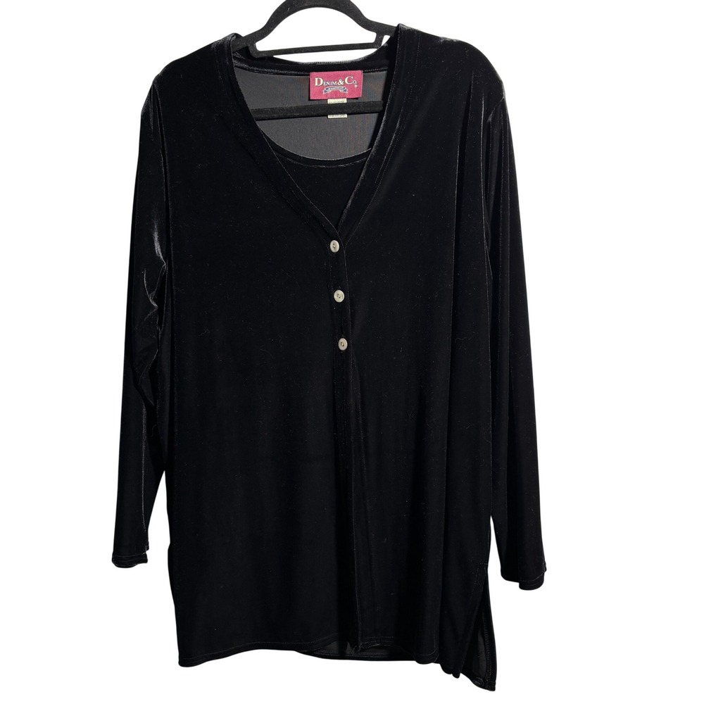 VTG Denim & Co Black Velvet 2 Piece Set Tank Cardigan Top Women 2X Formal Goth